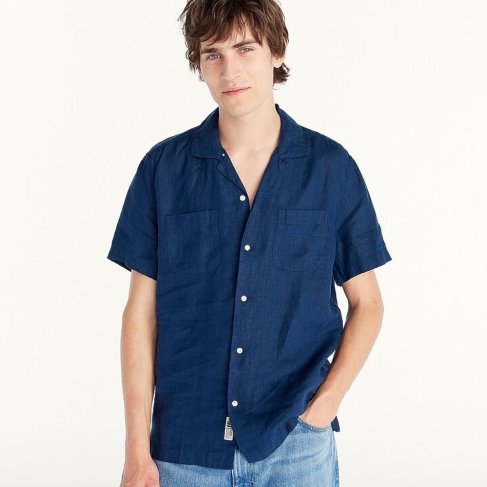 NWT J. Crew Navy Linen Camp Collar Short Sleeve Shirt — Large
